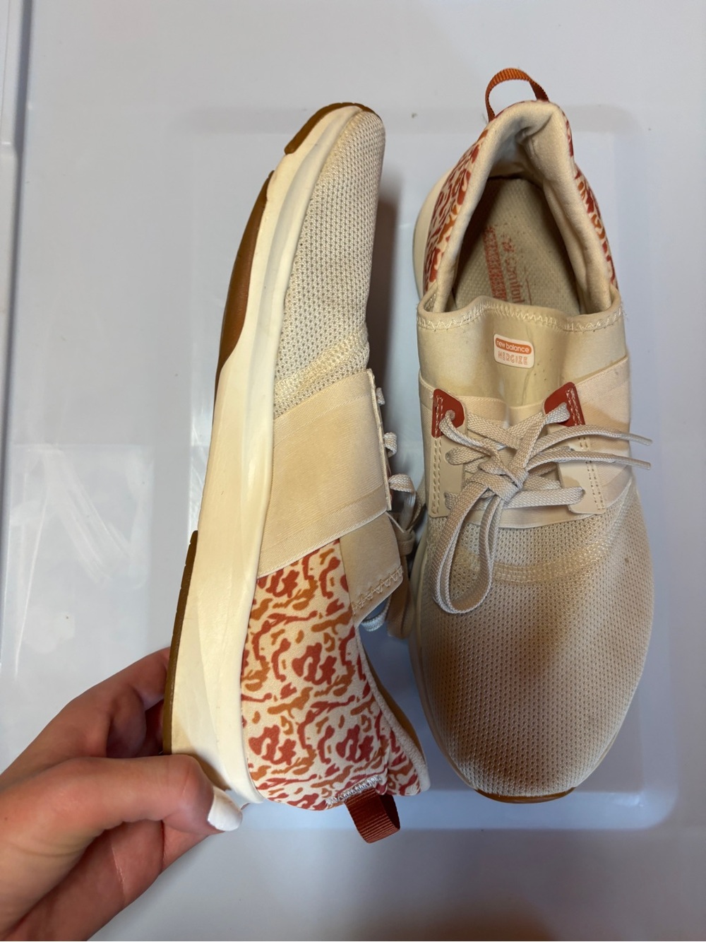 New Balance Women's Cream Slip-On Sneaker with Pink Leopard Heel - Picture 6 of 7